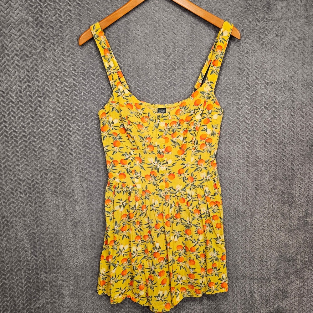 Boho Summer Yellow Orange Fruit Print Romper Smocked Back Cami Straps Womens Med